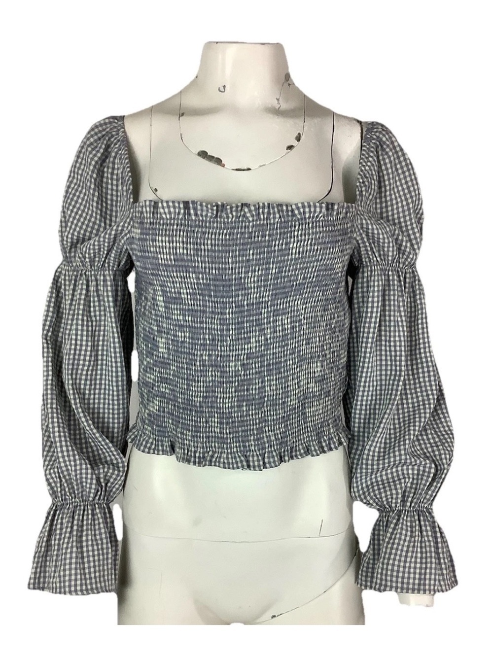 Urban Outfitters Sz M Off Shoulder Plaid Puff Long Sleeve Peasant Top Blue